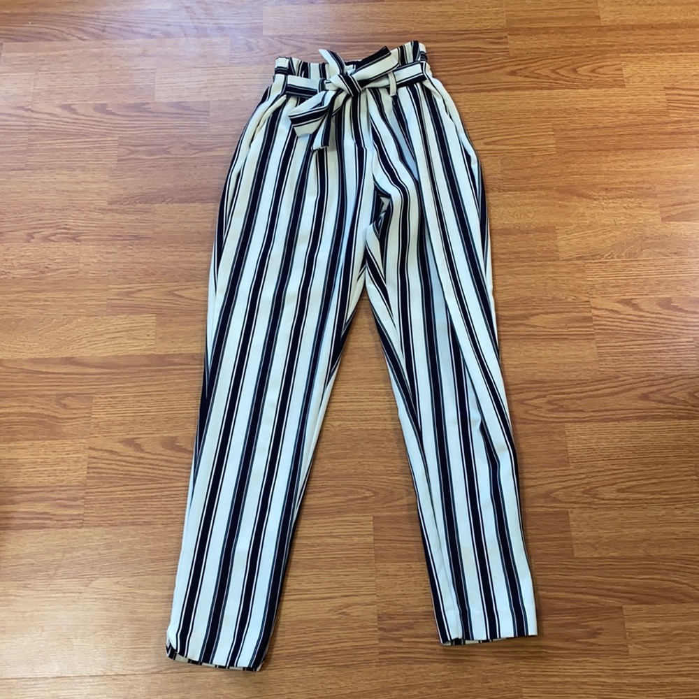 High Waisted White & Black Striped Pants